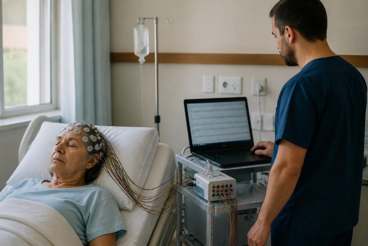Técnico acompanhando no notebook o eletroencefalograma de uma paciente no leito do hospital
